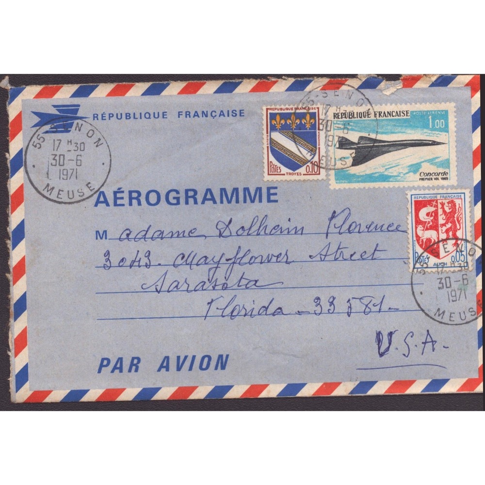 Vintage 1971 French Aerogramme Concorde Stamp Airmail Letter Meuse France to USA - Picture 1 of 2